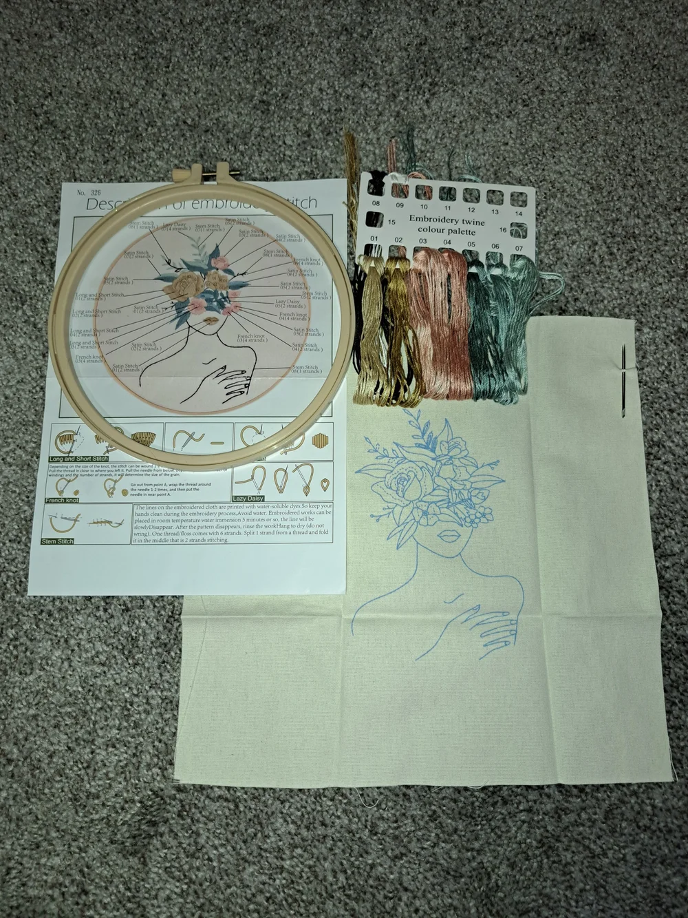Floral Face Embroidery Kit with Hoop and Multi-Colored Threads